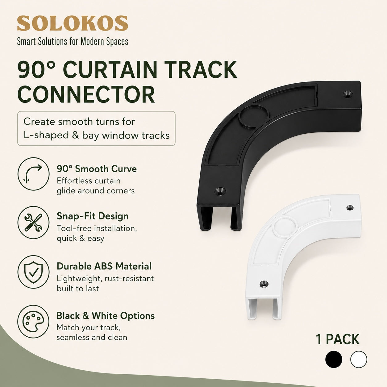 SOLOKOS 90 Degree Curtain Track Connectors – Corner Elbow Joint for Smooth Rail Turns – Black or White (Black) SOLOKOS Curtain Space