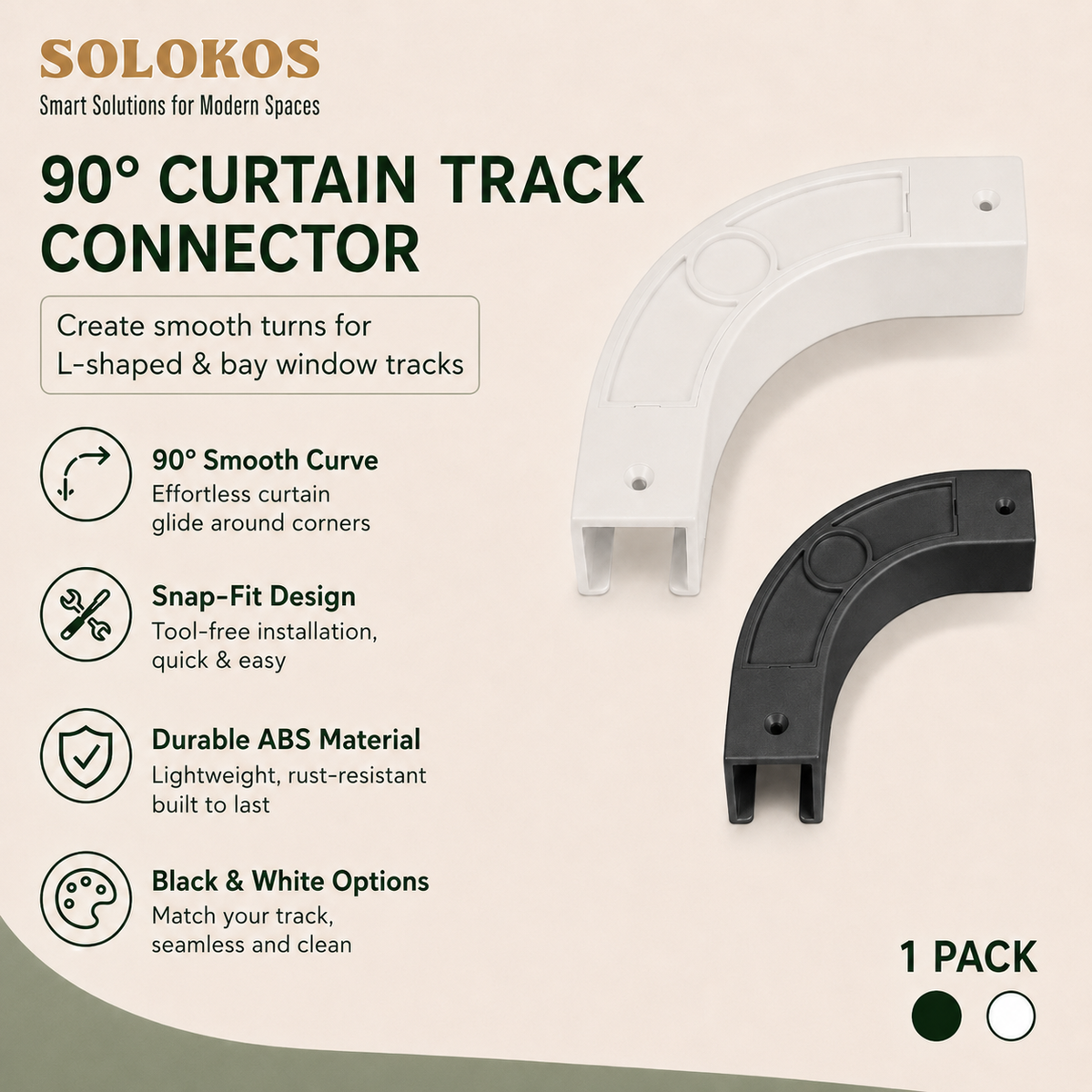 SOLOKOS 90 Degree Curtain Track Connectors – Corner Elbow Joint for Smooth Rail Turns – Black or White (Black) SOLOKOS Curtain Space