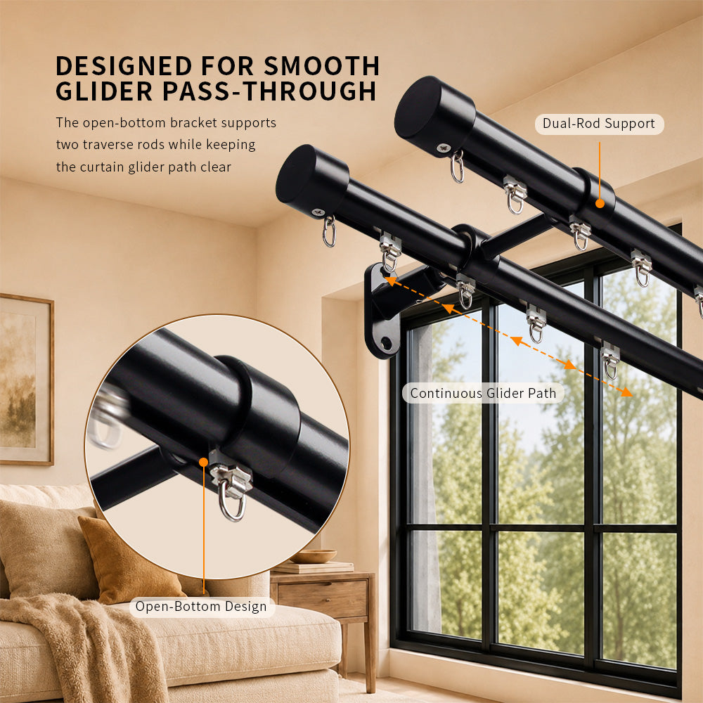 SOLOKOS 3 Pack Double Curtain Rod Brackets for Traverse Curtain Rod,Black Heavy-duty dual rod holders fit compatible 1 in and 1-1/8 in traverse rods for layered curtains,with up to 44 lb support SOLOKOS
