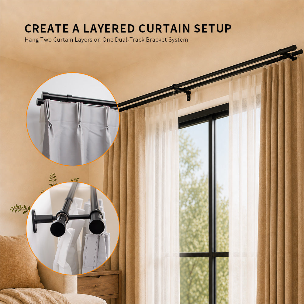 SOLOKOS 3 Pack Double Curtain Rod Brackets for Traverse Curtain Rod,Black Heavy-duty dual rod holders fit compatible 1 in and 1-1/8 in traverse rods for layered curtains,with up to 44 lb support SOLOKOS