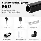 Room divider Ceiling Track set for Curtains with hooks, Corner Connectors(Set of 2) and top brackets Curtain Rail System（BLACK) SOLOKOS Curtain Space