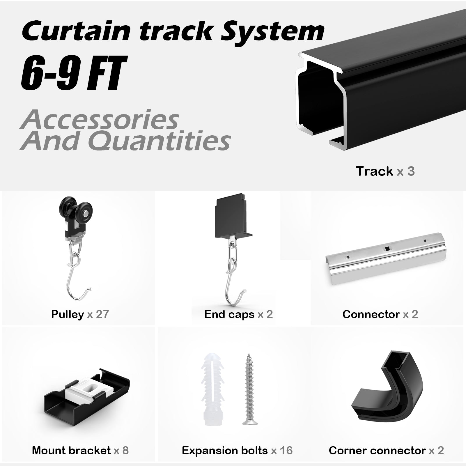 Room divider Ceiling Track set for Curtains with hooks, Corner Connectors(Set of 2) and top brackets Curtain Rail System（BLACK)