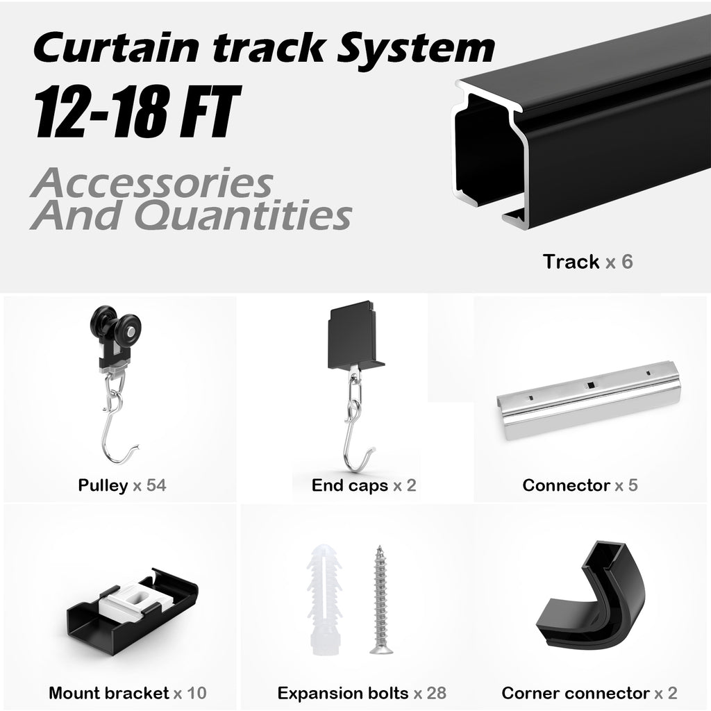 Room divider Ceiling Track set for Curtains with hooks, Corner Connectors(Set of 2) and top brackets Curtain Rail System（BLACK)