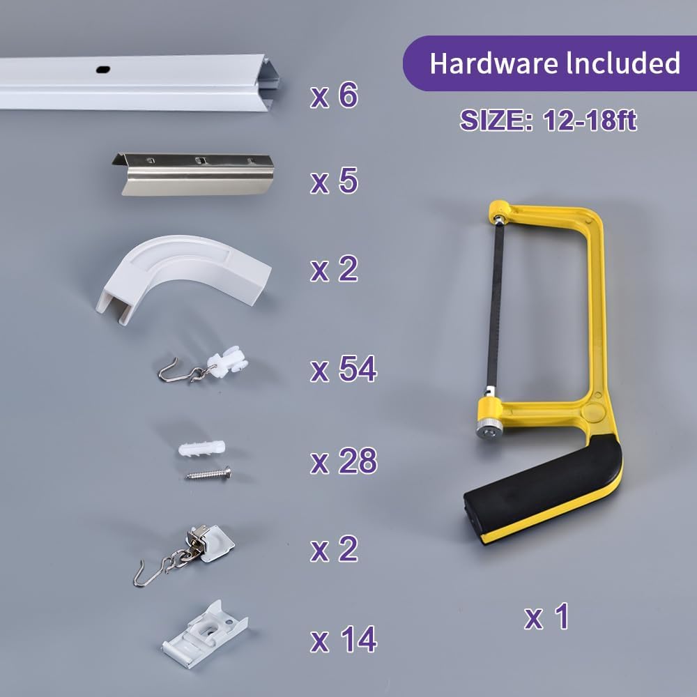 Room divider Ceiling Track set for Curtains with hooks, Corner Connectors(Set of 2) and top brackets Curtain Rail System（WHITE))