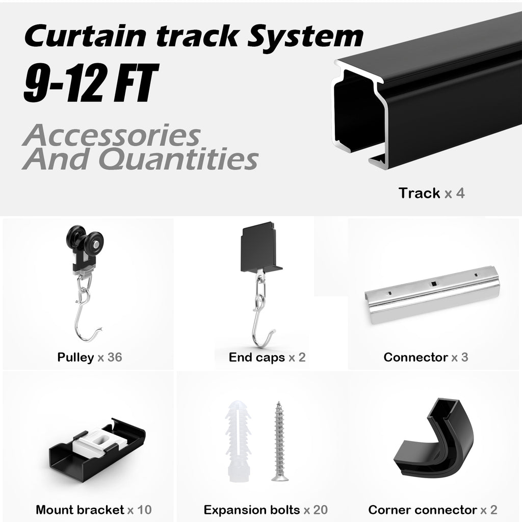 Room divider Ceiling Track set for Curtains with hooks, Corner Connectors(Set of 2) and top brackets Curtain Rail System（BLACK)