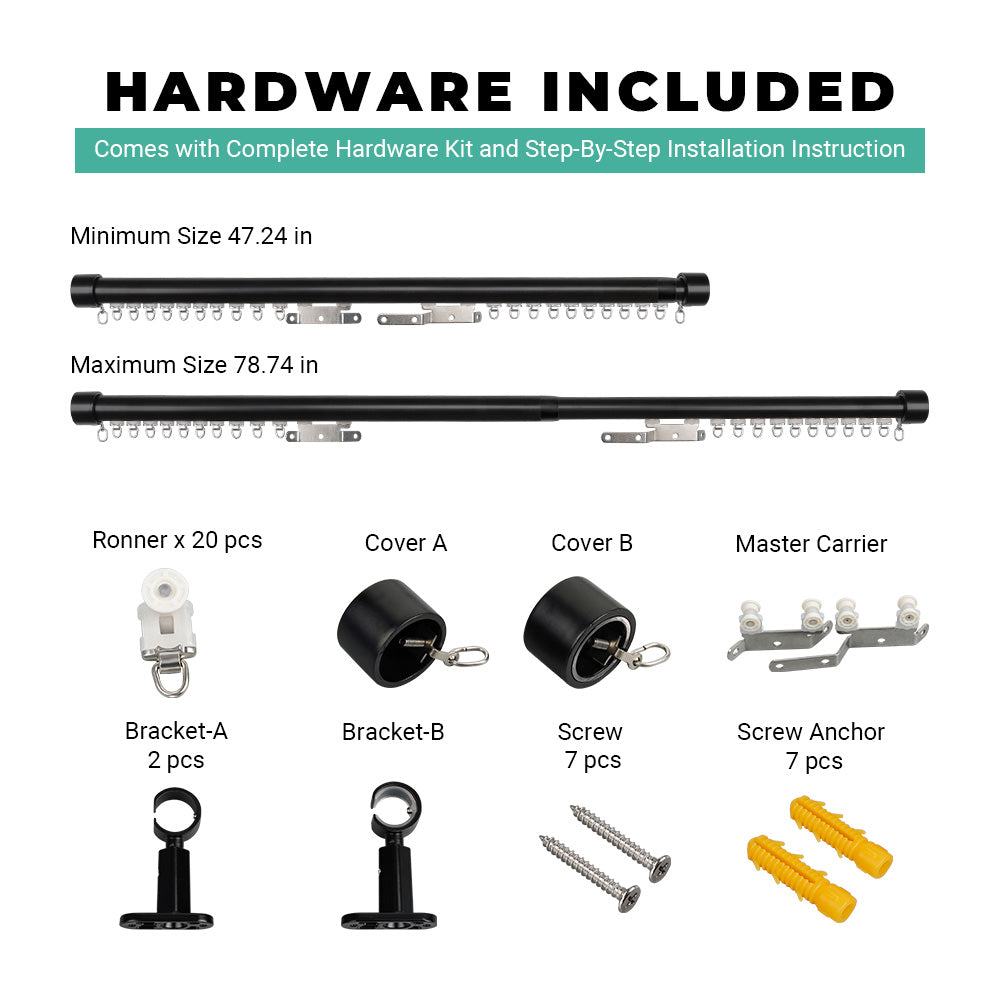 SOLOKOS Telescoping Curtain Rod – Adjustable Curtain Pole Track for Wall Mount, Heavy-Duty Aluminum, Extendable Length, No-Drill Installation (BLACK)