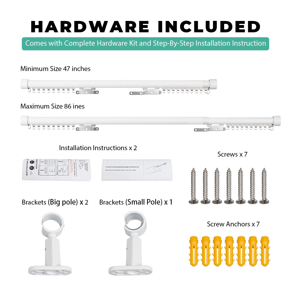 SOLOKOS Telescoping Curtain Rod – Adjustable Curtain Pole Track for Wall Mount, Heavy-Duty Aluminum, Extendable Length, No-Drill Installation(WHITE)