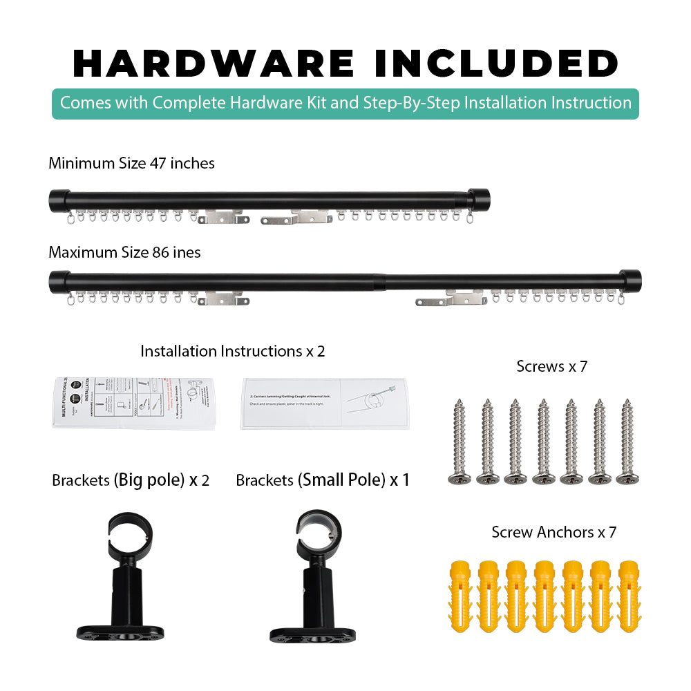 SOLOKOS Telescoping Curtain Rod – Adjustable Curtain Pole Track for Wall Mount, Heavy-Duty Aluminum, Extendable Length, No-Drill Installation (BLACK)