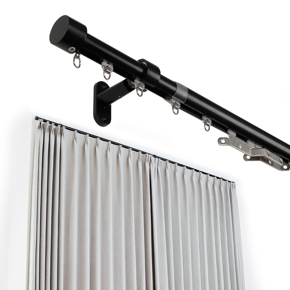 SOLOKOS Telescoping Curtain Rod – Adjustable Curtain Pole Track for Wall Mount, Heavy-Duty Aluminum, Extendable Length, No-Drill Installation (BLACK)