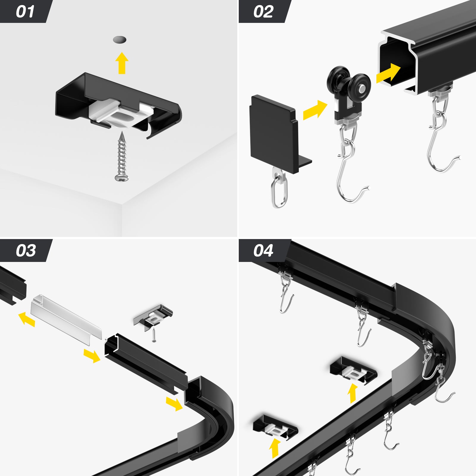 Room divider Ceiling Track set for Curtains with hooks, Corner Connectors(Set of 2) and top brackets Curtain Rail System（BLACK)