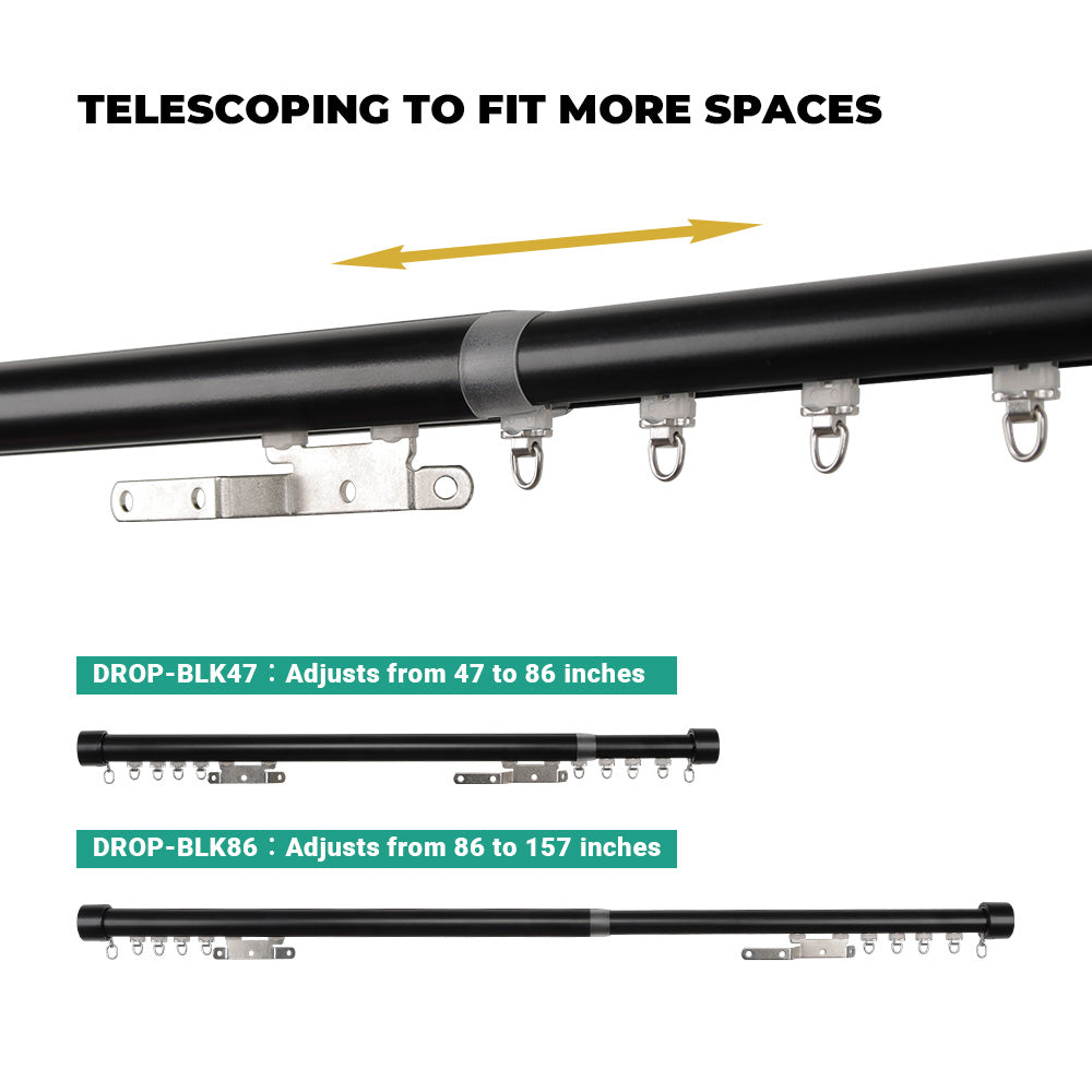 SOLOKOS Telescoping Curtain Rod – Adjustable Curtain Pole Track for Wall Mount, Heavy-Duty Aluminum, Extendable Length, No-Drill Installation (BLACK)