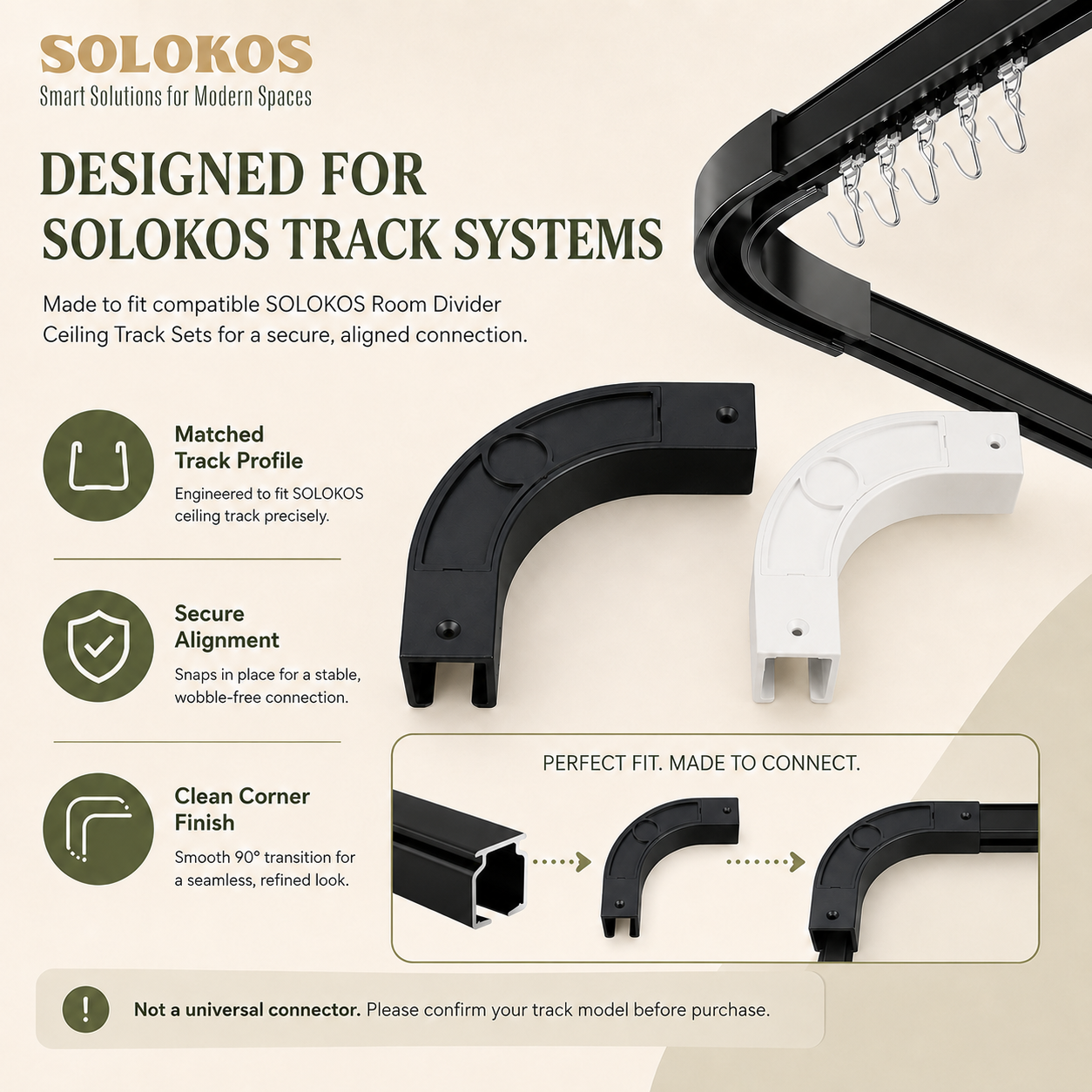SOLOKOS 90 Degree Curtain Track Connectors – Corner Elbow Joint for Smooth Rail Turns – Black or White (Black) SOLOKOS Curtain Space