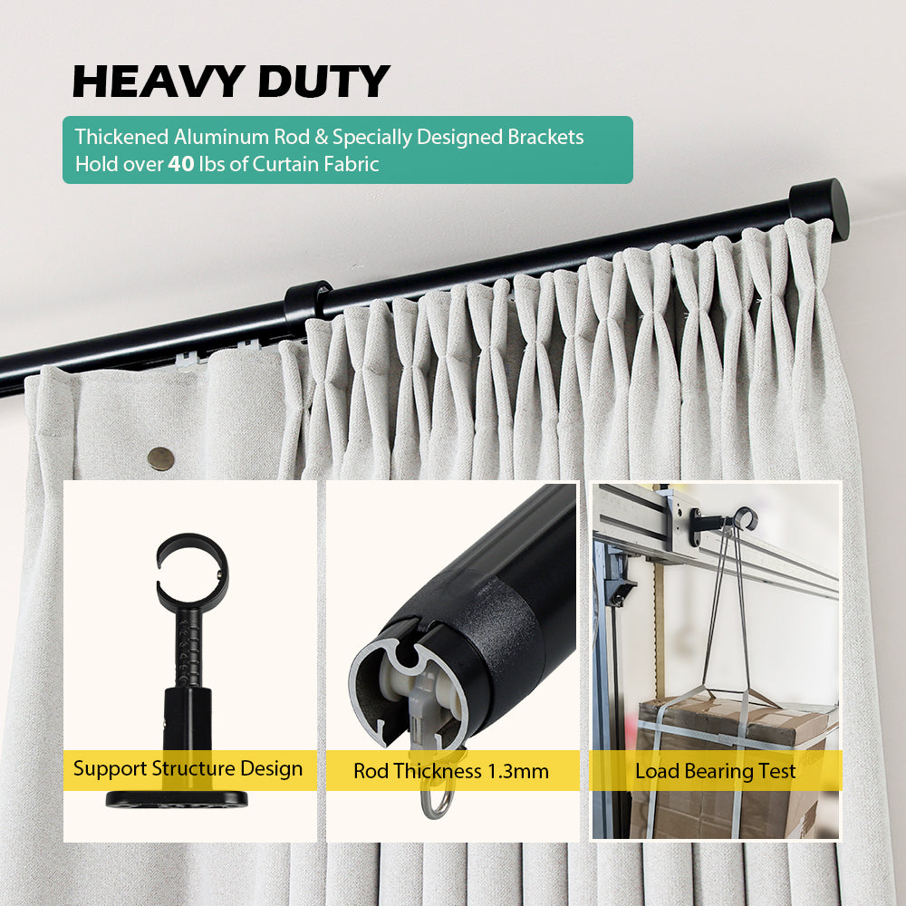 SOLOKOS Telescoping Curtain Rod – Adjustable Curtain Pole Track for Wall Mount, Heavy-Duty Aluminum, Extendable Length, No-Drill Installation (BLACK)