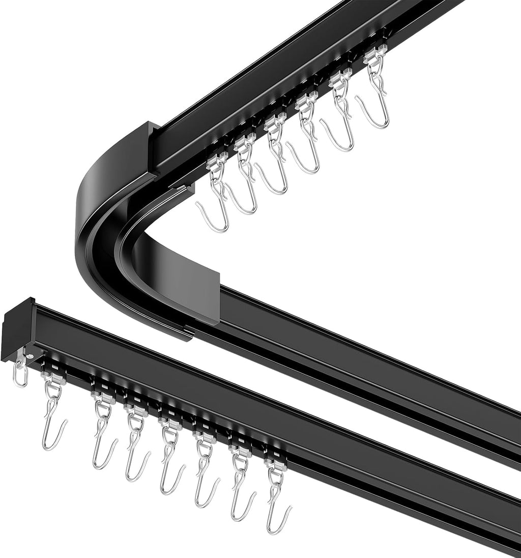 Room divider Ceiling Track set for Curtains with hooks, Corner Connectors(Set of 2) and top brackets Curtain Rail System（BLACK)
