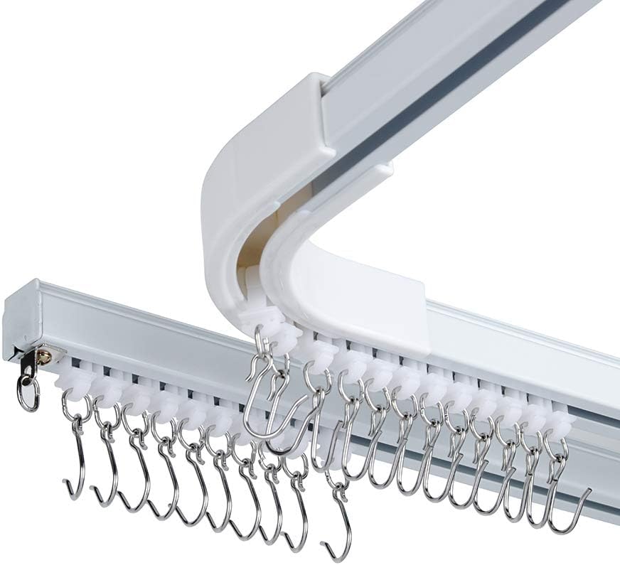Room divider Ceiling Track set for Curtains with hooks, Corner Connectors(Set of 2) and top brackets Curtain Rail System（WHITE))