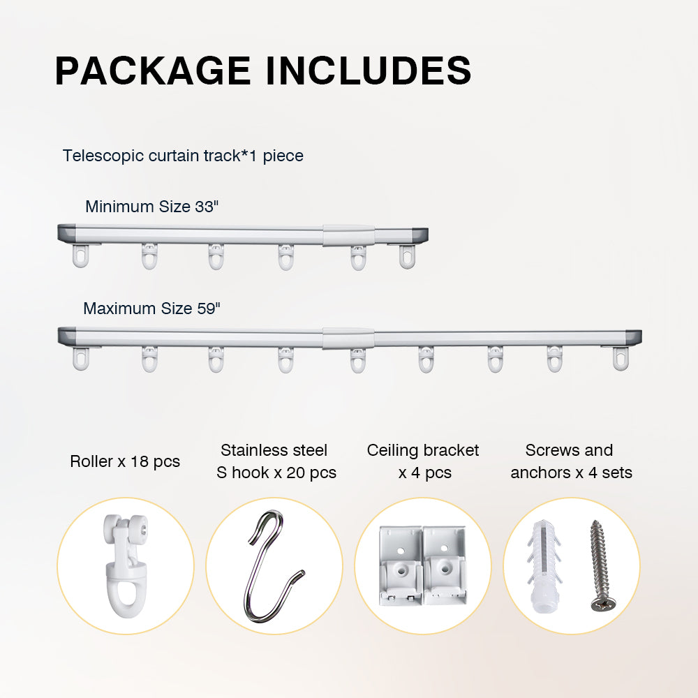 SOLOKOS Telescopic Ceiling Mount Curtain Track System 33 to 59/51 to 94 inch Adjustable Room Divider Track Set (33-59")/(51-94") White