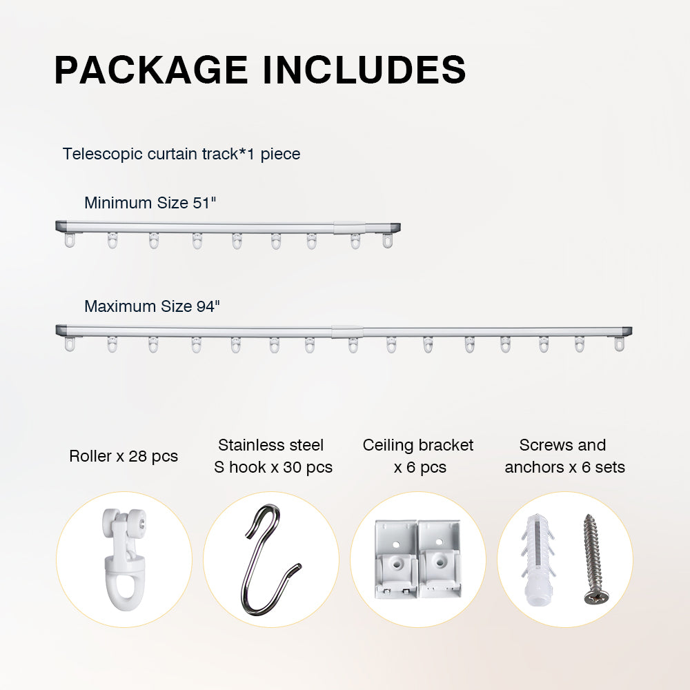 SOLOKOS Telescopic Ceiling Mount Curtain Track System 33 to 59/51 to 94 inch Adjustable Room Divider Track Set (33-59")/(51-94") White
