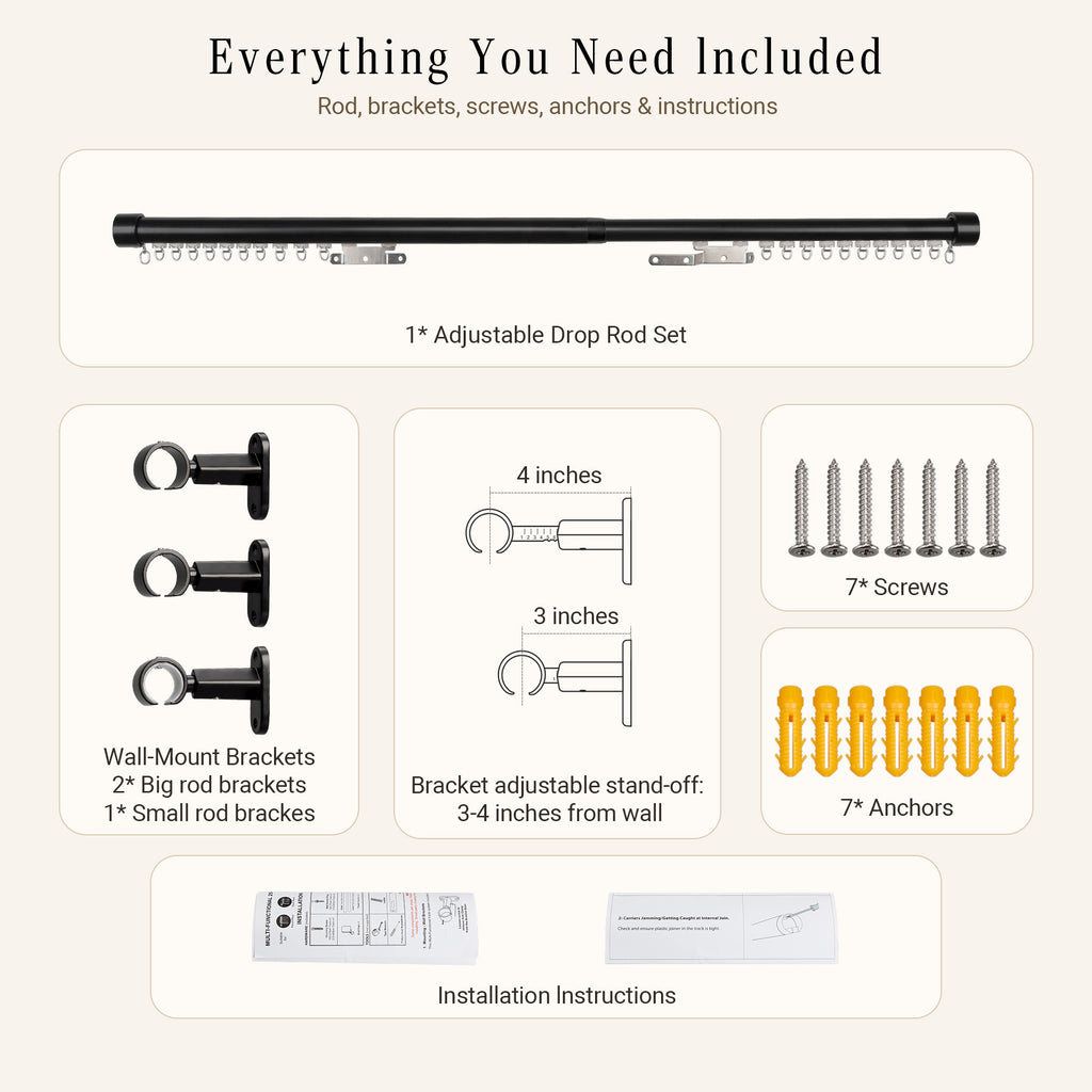 What's included with the SOLOKOS wall-mount telescopic curtain track: track with pre-installed rollers, 3 wall brackets with 3–4 in adjustable stand-off, screws, anchors and installation instructions